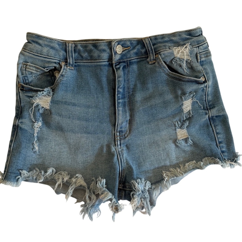 Wax Jean Distressed Denim Shorts Light Wash Frayed Hem Size L